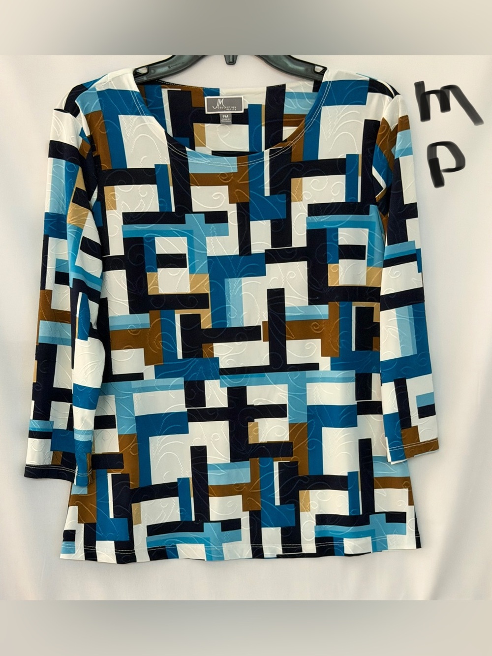 JM Collection Blue White Brown Geometric Print Long Sleeve Top